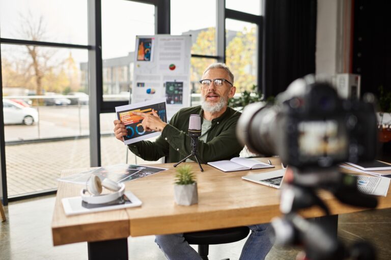 An office workspace with a pro sharing insights on a digital platform in daylight
